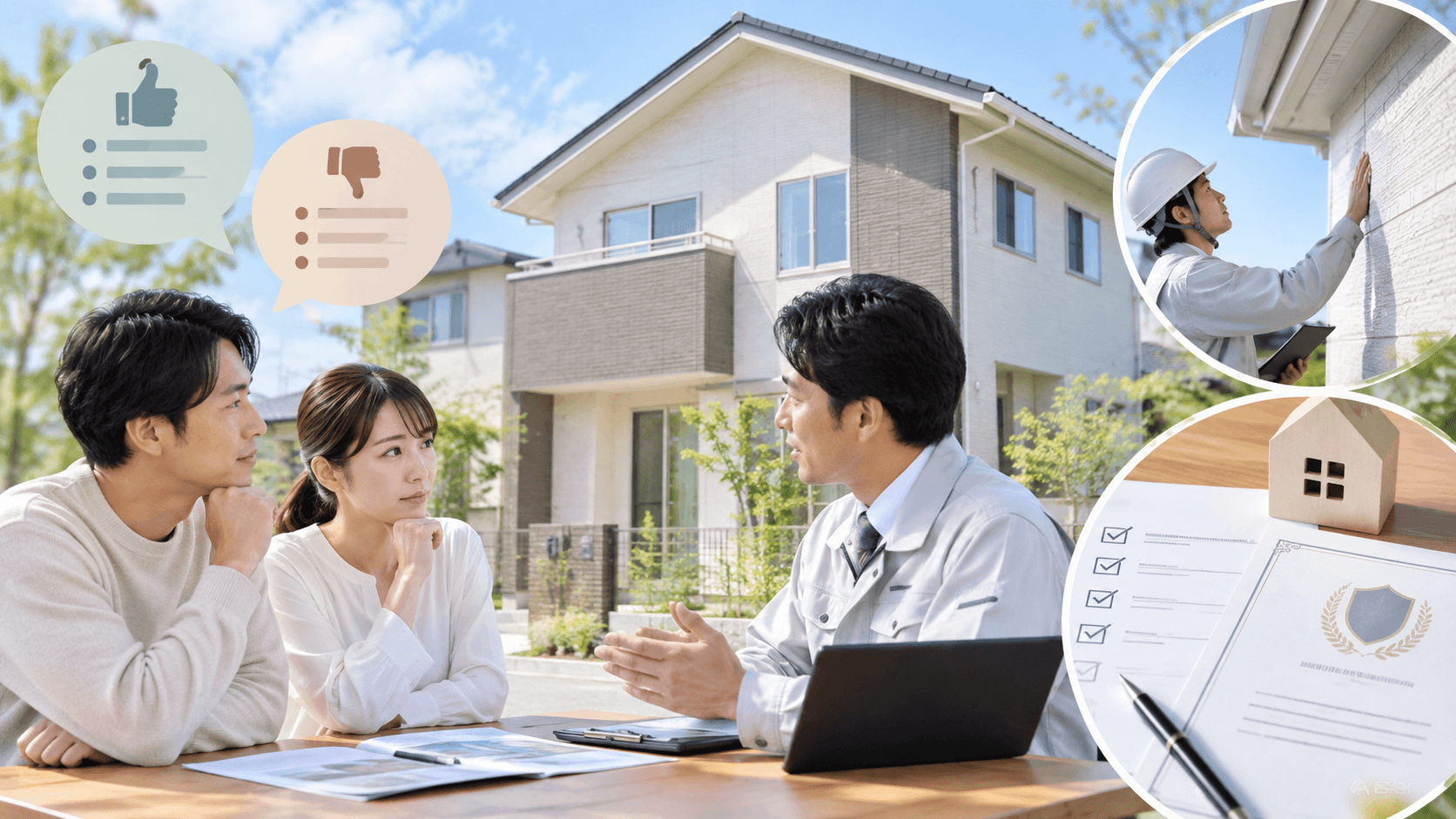住宅の保証内容とメンテナンスについて相談し、外壁や保証書を確認するイメージ