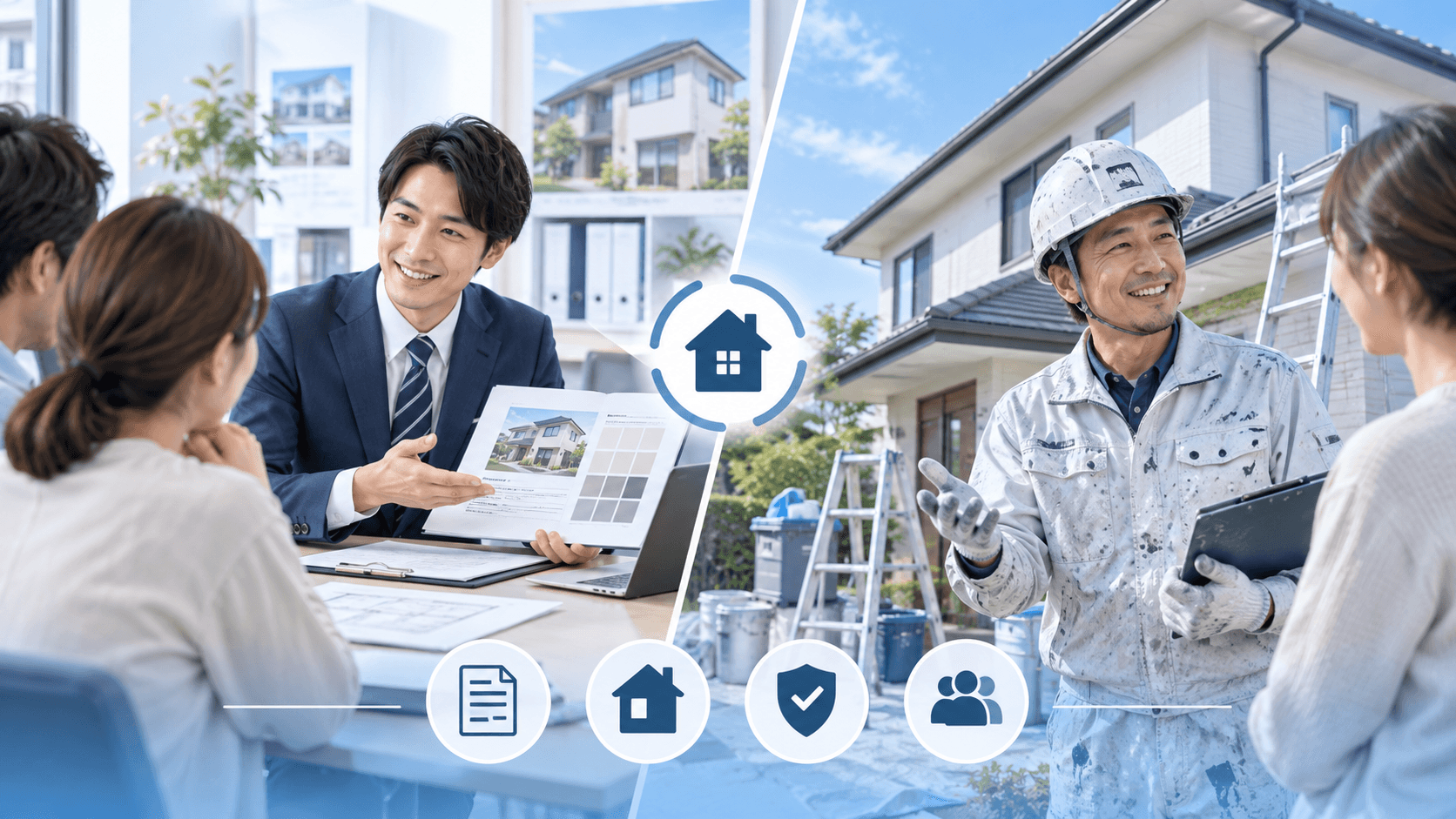 外壁塗装を営業会社と施工会社へ依頼する場合の違いを比較するイメージ