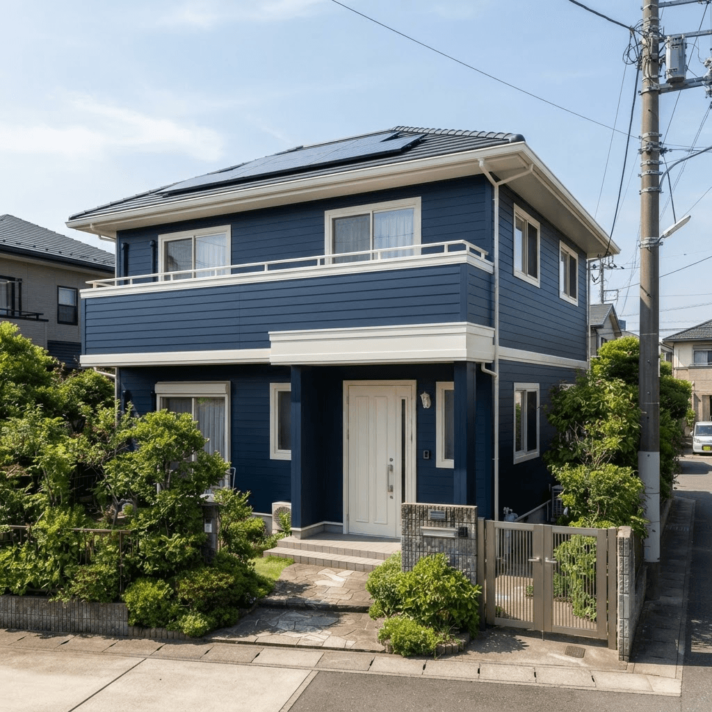 濃紺と白で美しく仕上がった住宅外観
