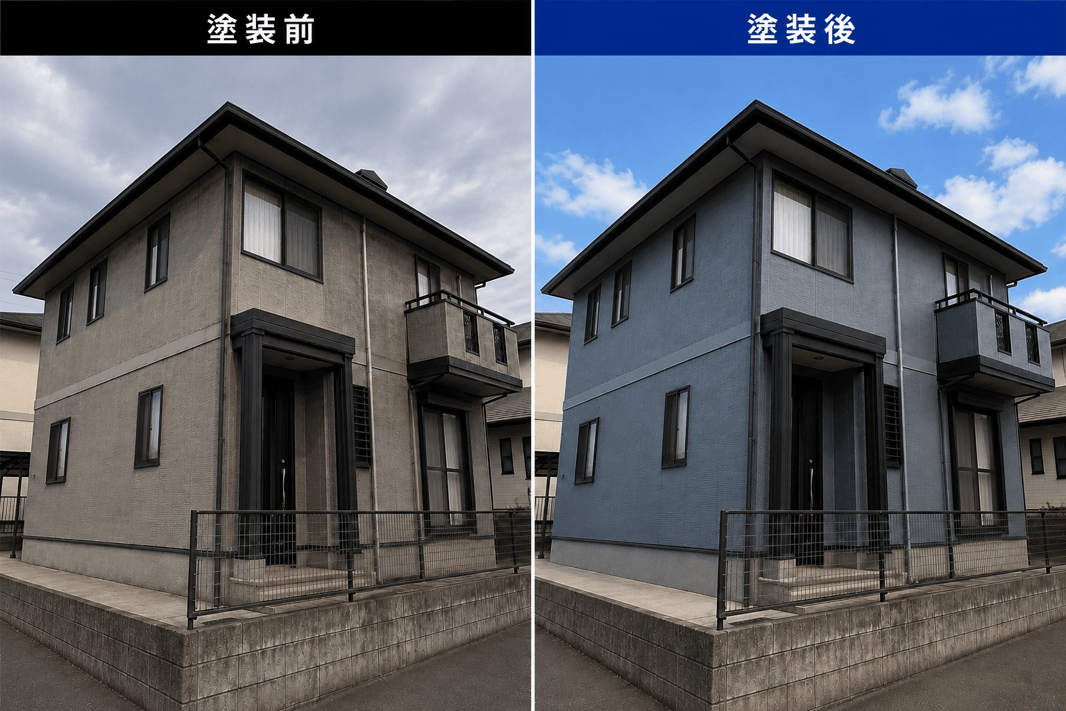 重厚なブルーグレーに仕上がった住宅の塗装前後